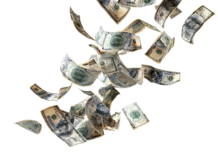 Cascading Dollars Realistic Money Rain Financial Abundance Cash Flowing Down Wealth Prosperity Economic Success Falling Banknotes Hundred Dollar Bills Transparent Backdrop