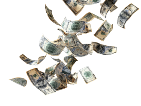 Cascading Dollars Realistic Money Rain Financial Abundance Cash Flowing Down Wealth Prosperity Economic Success Falling Banknotes Hundred Dollar Bills Transparent Backdrop