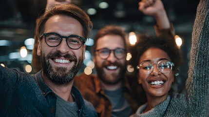 Three happy colleagues celebrate success together, raising arms and smiling brightly in a modern office setting.