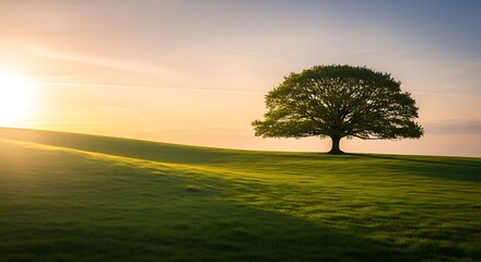 Obraz premium Lonely single tree standing on a green meadow under a blue sky with clouds in a vast summer rural landscape