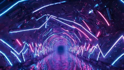 Futuristic tunnel lit by neon blue and pink lights, mirroring the lights in the floor - Powered by Adobe