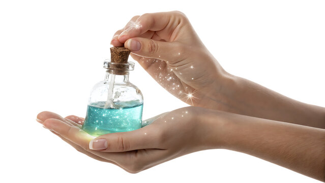 Healing elixir &ndash; hand embracing sanitizing potion container with shadow. AI GENERATED.
