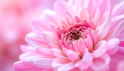 Close up of a delicate pink dahlia flower with soft focus background and gentle lighting