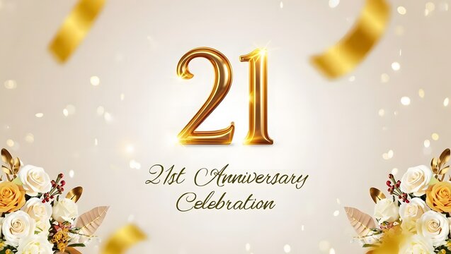Festive 21st anniversary celebration design featuring golden balloon numbers, confetti, and floral arrangements isolated on white background
