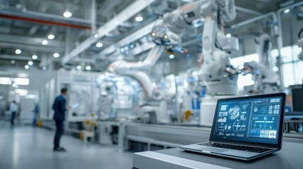 Multiple Industrial Robotic Arms Assembling Components &ndash; Smart Factory with Technician Monitoring Digital Interface