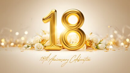 Elegant 18th anniversary celebration design featuring golden balloon numbers, delicate white roses, and shimmering bokeh lights on a soft, neutral background