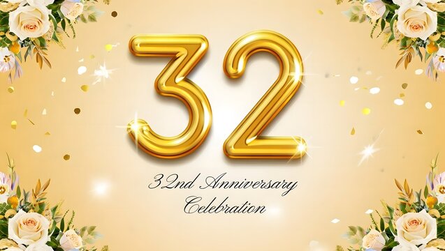 Celebrating 32nd anniversary with golden balloon numbers and floral decorations, perfect for invitations, banners, and greeting cards for a special milestone event
