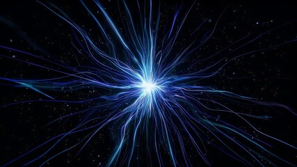 A vibrant blue burst radiates lines through a dark cosmos with speckles