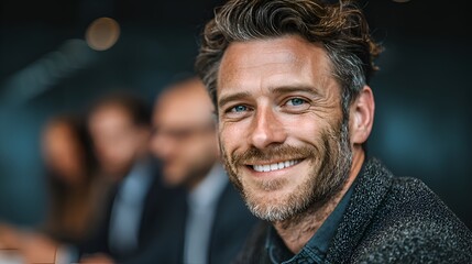 A handsome mature businessman smiles confidently du a corporate meeting with his blurred colleagues nearby.