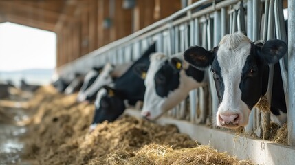Row of Black and White Holstein Dairy Cows Feeding on Hay – Modern Indoor Cowshed with Natural Sunlight