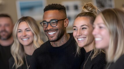 A diverse group of young adults smile while attending a friendly meeting indoors in a bright and happy setting.