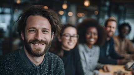 Fototapeta premium A happy bearded man smiles in the foreground with diverse colleagues blurred in the background at office.
