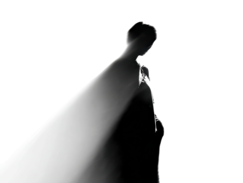 Silhouette of Figure in Motion Mystery Shadow Dark Monochrome Enigmatic Shape Shroud Cloak Cover Gown Black and White Abstract Modern Art Minimalist Creative Visual Exploration