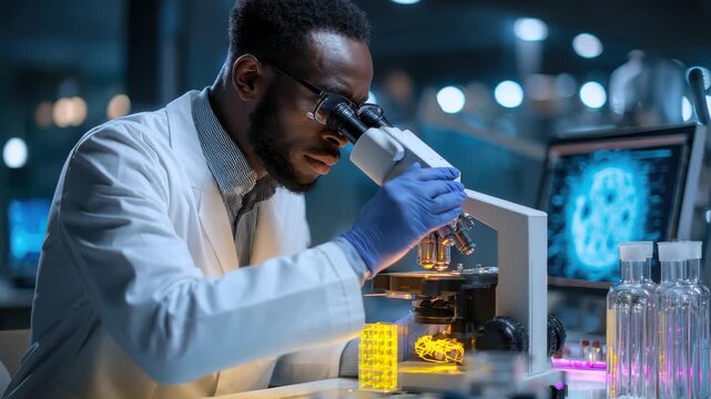 African scientist examines virus samples using a microscope in a laboratory setting, focusing on research and analysis of infectious diseases