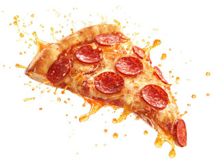 Pepperoni Pizza Slice Explosion: Delicious Fast Food Treat with Cheese, Salami, and Crust on Transparent Background Ready for Design Perfection