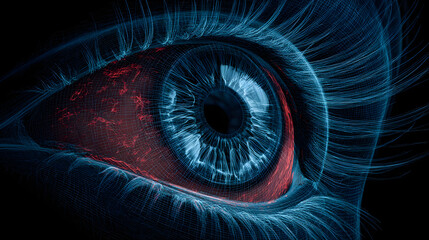 Futuristic digital eye wireframe with glowing red veins, representing innovation, technology, and vision.