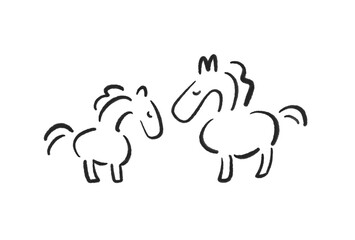 目を閉じて寄り添う二頭の馬の親子　2026 墨絵・モノクロ