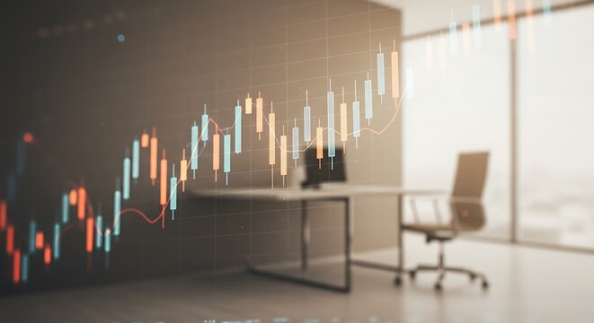 Abstract financial trading graph with office interior and computer background