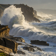 dynamic ocean wave crashing against rocks realistic