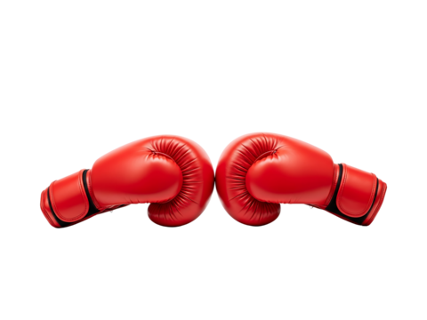 Pair of red boxing gloves facing each other isolated on transparent background