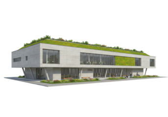 Isolated modern eco building exterior with green roof, sustainable architecture model