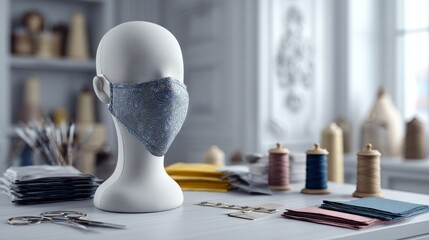 A cloth face mask on a mannequin head sits on a table with sewing supplies, suggesting a craft studio environment