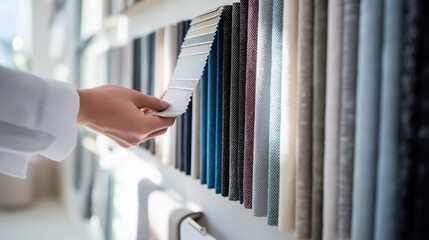 Top View of Person Selecting Fabric Samples from Color Swatch Book – Textile Texture and Color Variety