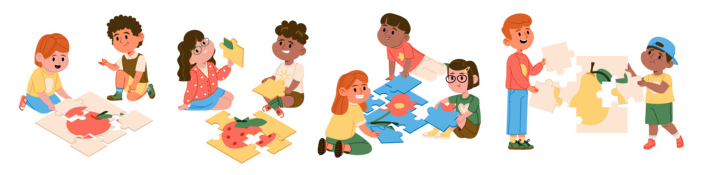 Playful boys and girls kids characters playing puzzle collaborating assembling large puzzle pieces