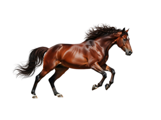 Majestic brown horse with flowing mane and tail in motion isolated on transparent background