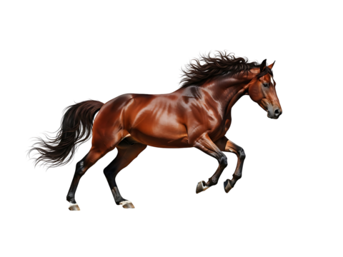 Majestic brown horse with flowing mane and tail in motion isolated on transparent background