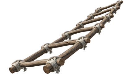 Old wooden rope ladder isolated on transparent background, adventure and climbing