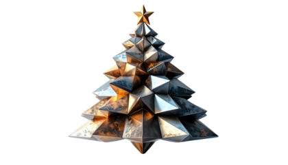 Christmas tree made from metallic geometric shapes, isolated on transparent background, abstract minimal holiday design