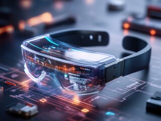 High-tech augmented reality glasses displayed on a futuristic interface with glowing circuit patterns and digital elements