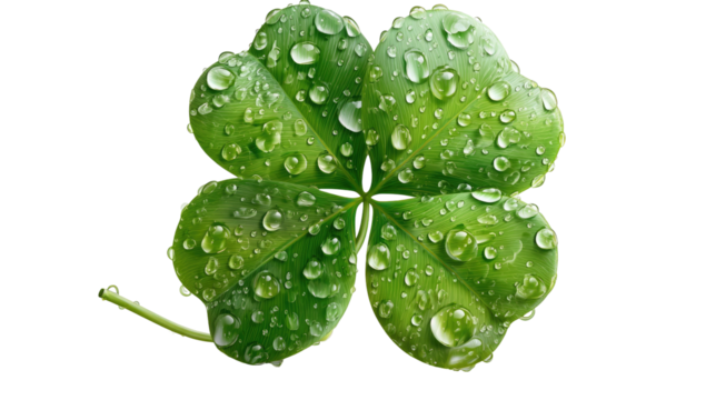 A detailed close-up captures a vibrant four-leaf clover with shimmering water droplets on a black background