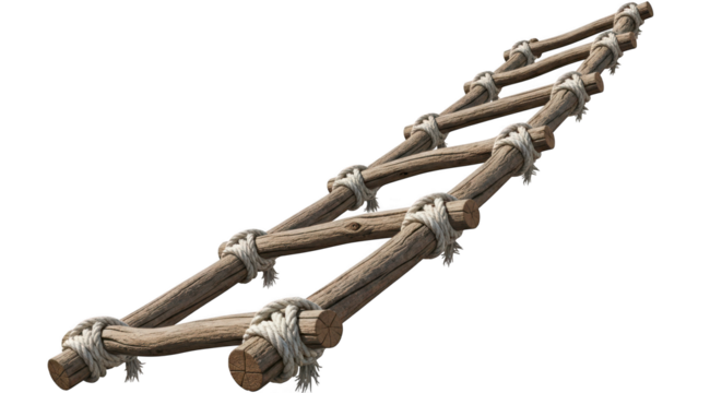 Old wooden rope ladder isolated on transparent background, adventure and climbing