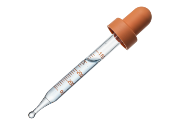 Isolated eye dropper filled with liquid, pipette with a drop hanging from the end