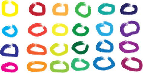 Vibrant abstract brushstroke circles in a rainbow of colors arranged in a grid pattern on white background