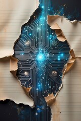 professional photo of a mixed-media digital collage featuring torn notebook paper fragments seamlessly merging into futuristic holographic circuit patterns symbolizing the harmonious analog-digital ev