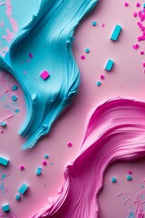 professional photo of a mixed-media background featuring smooth brush textures and neon pixel particles scattered subtly throughout with a fresh and vibrant pink and cyan color palette and a deliberat