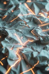 Professional photo of a photorealistic background featuring a densely crumpled and textured landscape of recycled paper with faint yet vibrant glowing circuit traces intricately printed on it blending