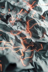 Professional photo of a photorealistic background featuring a densely crumpled and textured landscape of recycled paper with faint yet vibrant glowing circuit traces intricately printed on it blending