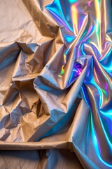 professional photo of a photorealistic composition featuring a crumpled sheet of kraft paper with intricate folds and creases illuminated by vibrant iridescent holographic reflections that dance acros