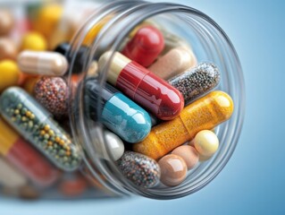 Visual display of assorted dietary supplements and vitamins in a jar on a soft blue background