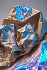 professional photo of a photorealistic composition featuring a crumpled sheet of kraft paper with intricate folds and creases illuminated by vibrant iridescent holographic reflections that dance acros