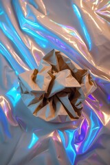 professional photo of a photorealistic composition featuring a crumpled sheet of kraft paper with intricate folds and creases illuminated by vibrant iridescent holographic reflections that dance acros