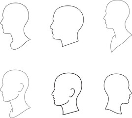Collection of six hand drawn sketch silhouettes of human heads in profile view
