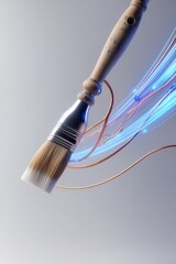 professional photo of a Surreal digital artwork featuring a delicate painter’s brush with soft bristles and a worn wooden handle transforming mid-air into a glowing circuit cable with intricate copper