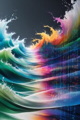 professional photo of a surreal digital painting that showcases watercolor waves gradually dissolving into vibrant pixel data streams creating a conceptual fusion of nature and machine with soft blend