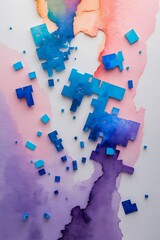 Professional photo of a textured watercolor background with vibrant colors and organic brushstrokes juxtaposed with scattered pixelated glitch fragments in shades of electric blue and purple against a