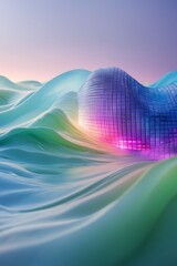professional photo of a surreal scene featuring soft blended watercolor waves in shades of blue and green gradually merging into a vibrant glowing digital grid horizon representing the harmonious tran
